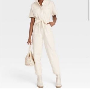 Women's Short Sleeve Linen Boilersuit - Universal Thread™ Cream size 6 NWT